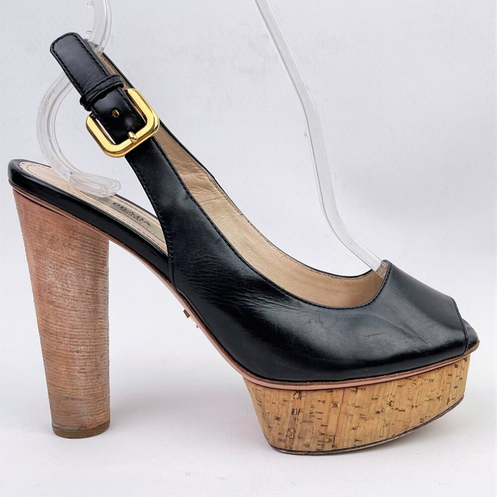 Prada Black Leather Peep Toe Cork Platform Heels w Back Straps